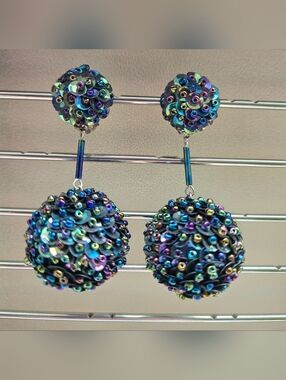 Vintage 1960's Sequin and Bead Disco Ball Clip Earrings